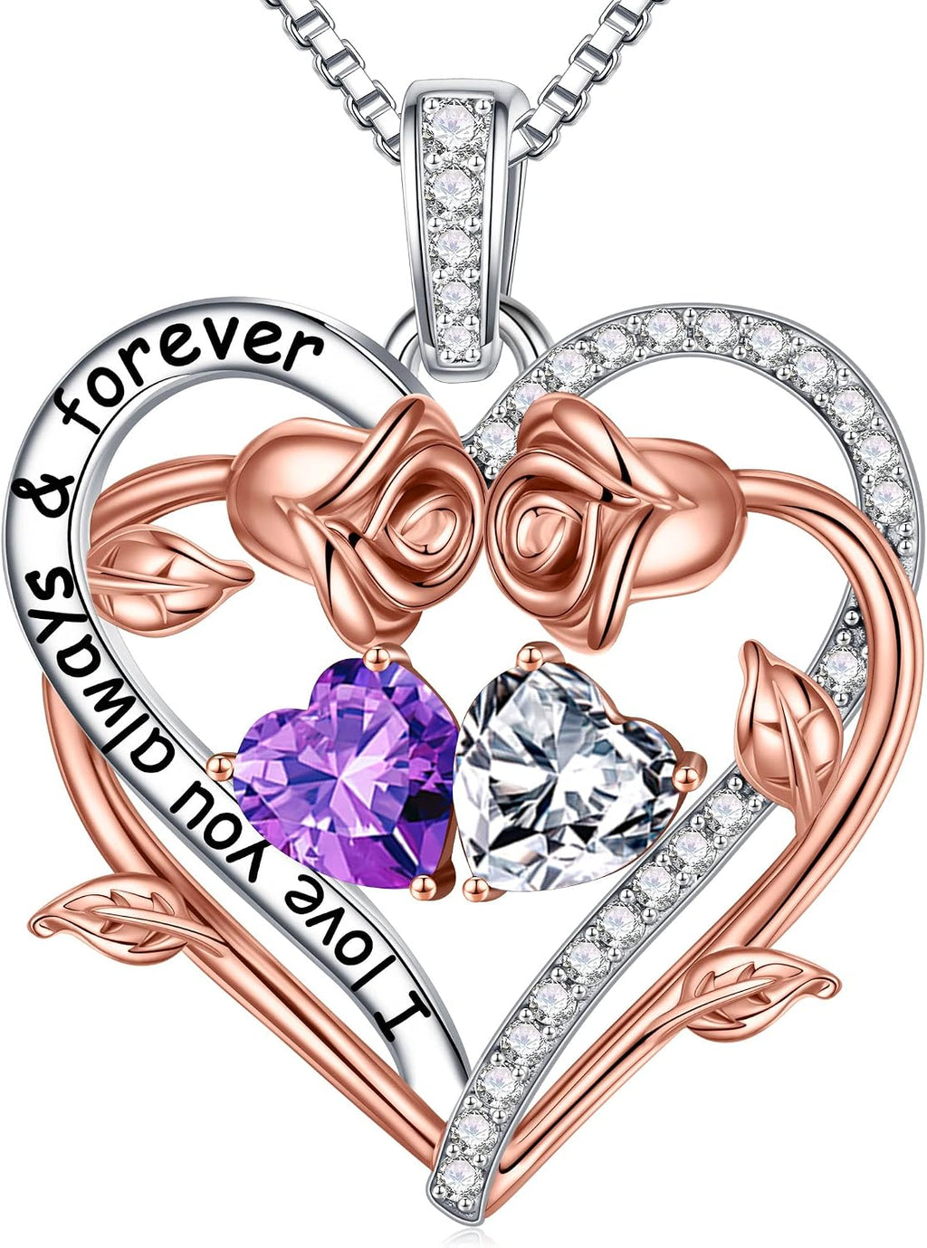 Iefil Rose Heart Double Birthstone Necklace Gifts for Wife Girlfriend Her Women, Birthstone Jewelry Gemstone Birthday Gifts for Mom Grandma Her Wife Women