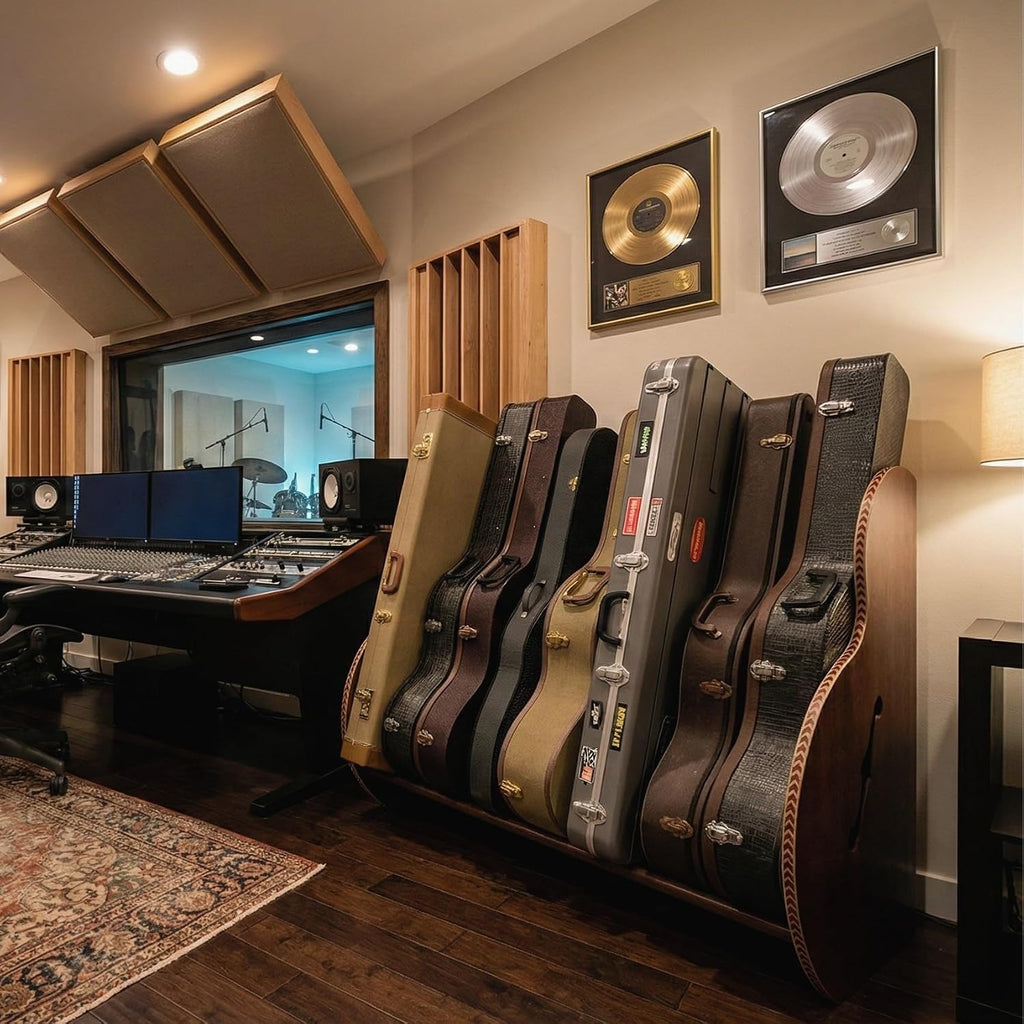 A&S Crafted Products Guitar Case Rack for Acoustics & Electrics - The Studio Deluxe (Grande) | Walnut | Made in U.S.A.
