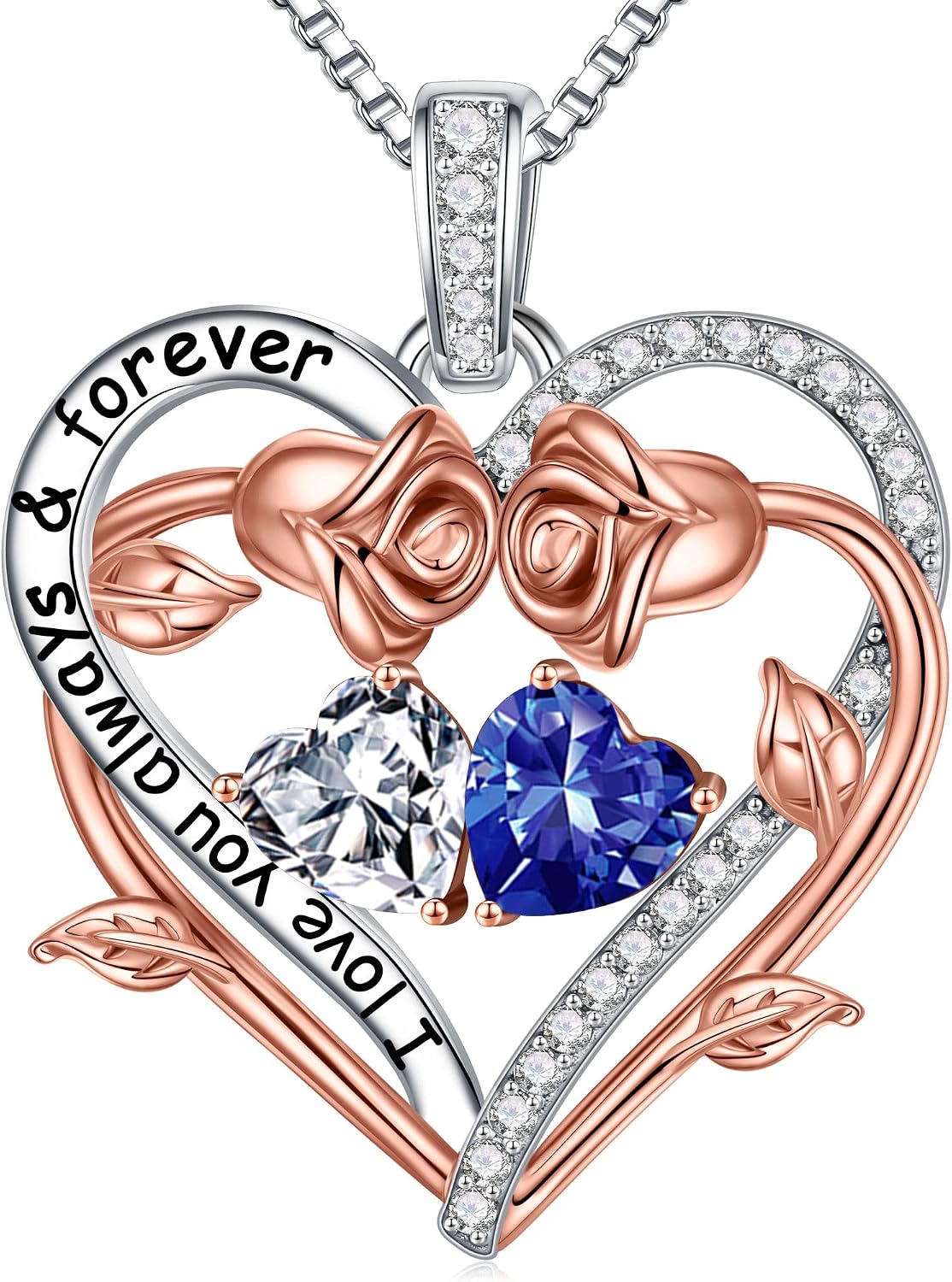 Iefil Rose Heart Double Birthstone Necklace Gifts for Wife Girlfriend Her Women, Birthstone Jewelry Gemstone Birthday Gifts for Mom Grandma Her Wife Women