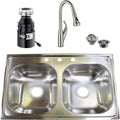 Westbrass S3348B-07 Stainless Steel 50/50 Double Bowl Kitchen Sink Set (Includes: Faucet in Stainless Steel, BADGER 5 Garbage Disposal and Strainer) 33' Stainless Steel