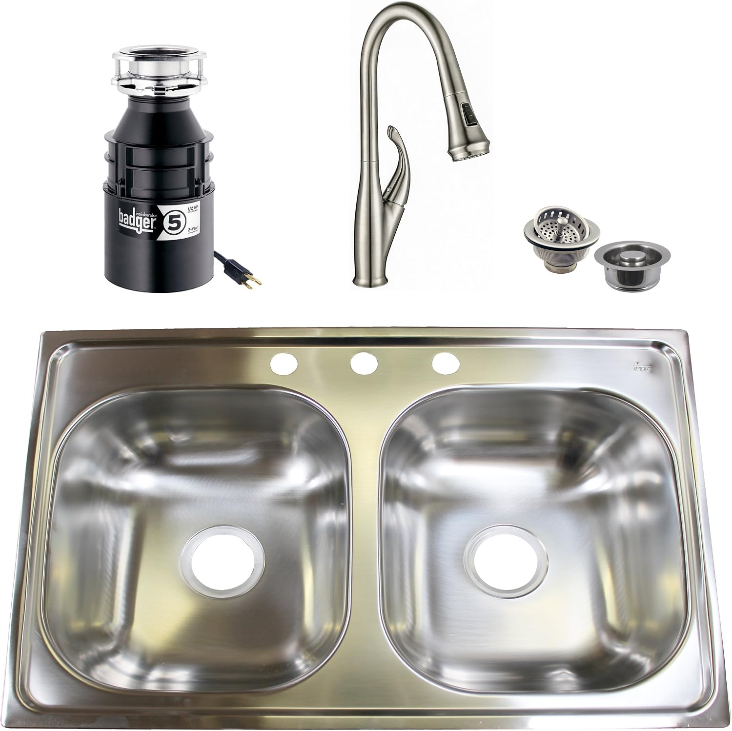 Westbrass S3348B-07 Stainless Steel 50/50 Double Bowl Kitchen Sink Set (Includes: Faucet in Stainless Steel, BADGER 5 Garbage Disposal and Strainer) 33' Stainless Steel