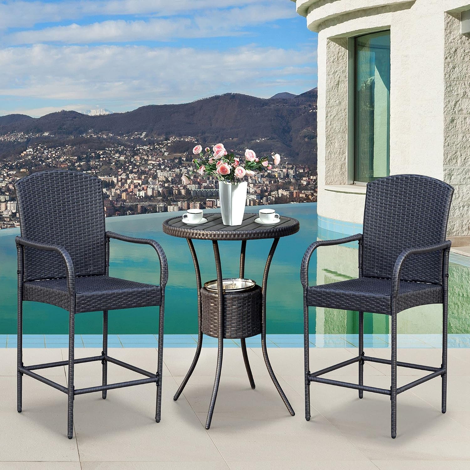Rattan Wicker Bar Set for 3 PCS with Ice Buckets, Patio Furniture with 1 Bar Table and 2 Bar Stools for Poolside, Backyard, Porches