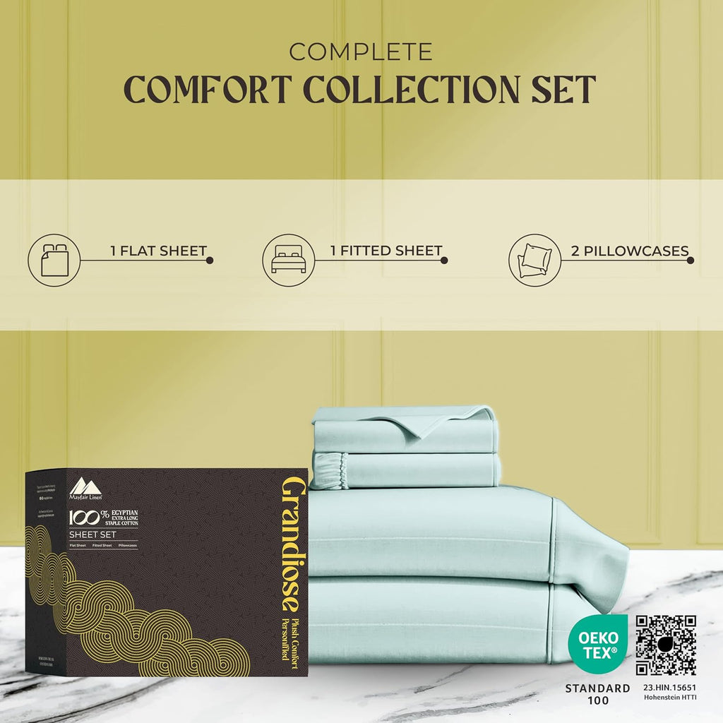 Mayfair Linen 100% Pure Egyptian Cotton Sheet King Size - Luxury 1000 Series Grandiose Collection King Size Sheets Set (4 PC, Sea Foam), 16' Deep Pocket Sateen Weave Soft Cooling Hotel Bed Sheets Set