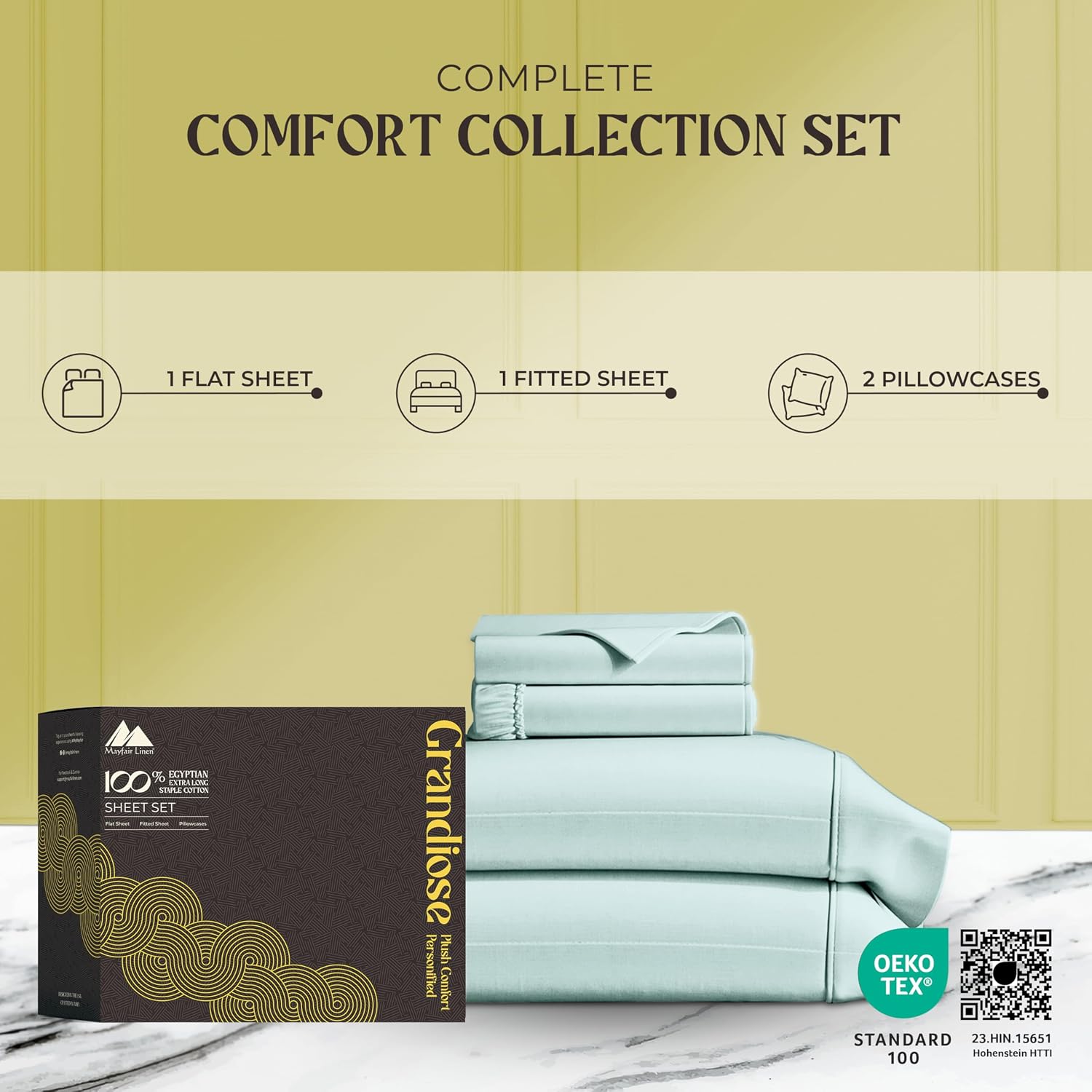 Mayfair Linen 100% Pure Egyptian Cotton Sheet King Size - Luxury 1000 Series Grandiose Collection King Size Sheets Set (4 PC, Sea Foam), 16' Deep Pocket Sateen Weave Soft Cooling Hotel Bed Sheets Set