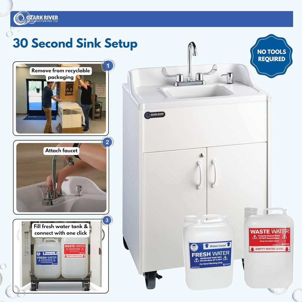 Ozark River Portable Sinks Premier Brite White & Extra Water Tanks Bundle, White Laminate-ABS, Portable Sink with Hot Water, Self-Contained Sink, Portable Hand Washing Station, 110V