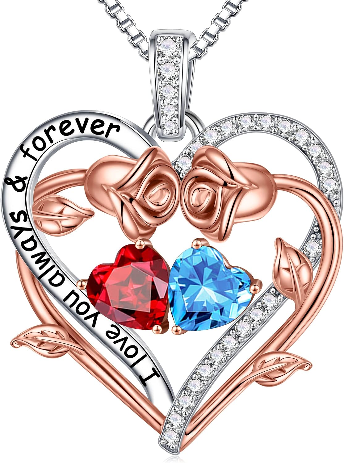 Iefil Rose Heart Double Birthstone Necklace Gifts for Wife Girlfriend Her Women, Birthstone Jewelry Gemstone Birthday Gifts for Mom Grandma Her Wife Women
