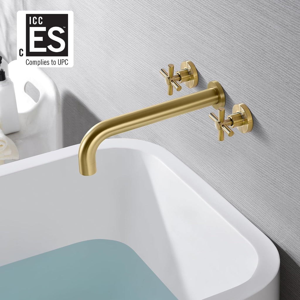 SUMERAIN Tub Faucet Wall Mount Tub Filler High Flow Bathtub Faucet Brushed Gold with Rough in Valve, Two Cross Handles