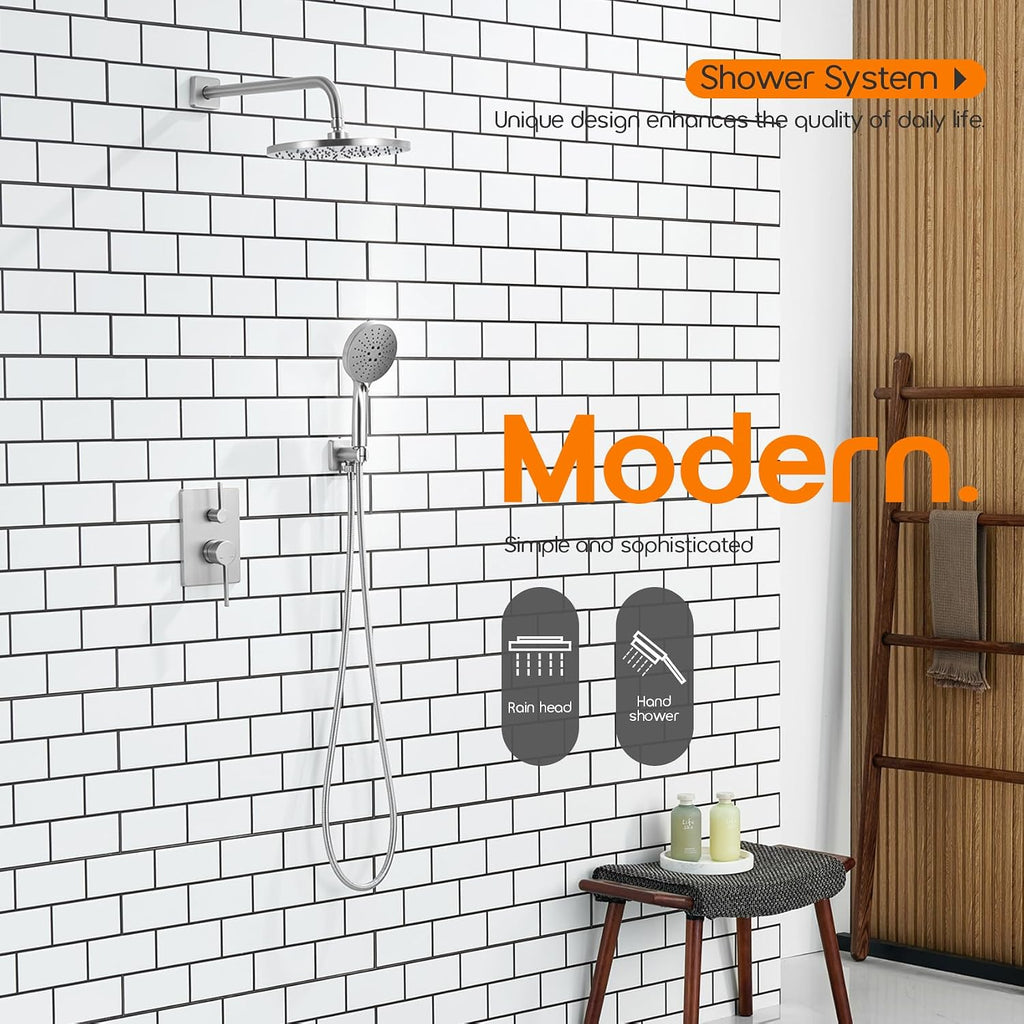 Shower Faucet Mixer Set Includes 10-Inch Rained Shower Head, 3-Setting Handheld Spray and Pressure Balance Valve Wall Mounted Brushed Nickel SF001BR-D10