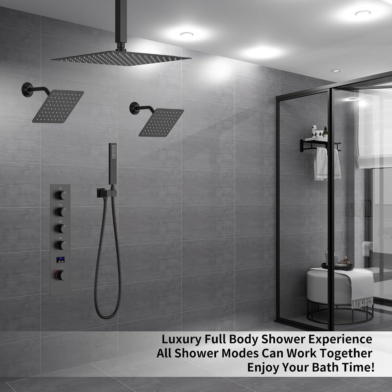 Matte Black Shower System with 3 Rain Shower Head(12+8+8 inch), Handheld Spray, 4 Way Smart Temperature Display Shower Faucet set
