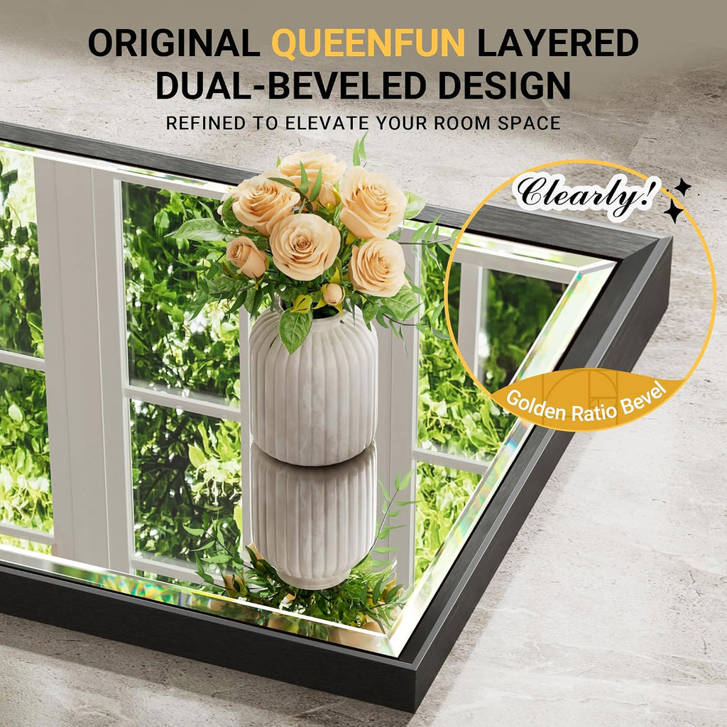 48 x 24 Black Framed Mirror for Bathroom, Beveled Black Bathroom Vanity Mirror Anti-Rust, Shatterproof Matte Black Rectangle Metal Frame Mirror, Vertical/Horizontal Large Wall-Mounted Mirrors