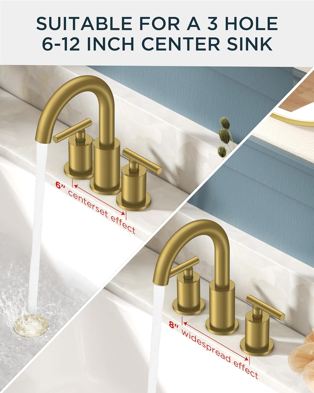FORIOUS 2 Pack 8 Inch Widespread Brushed Gold Bathroom Faucet 3 Hole, 2 Handle Gold Sink Faucet Bathroom Vanity with 360 Degree Swivel Spout, with Pop Up Drain and cUPC Supply Line