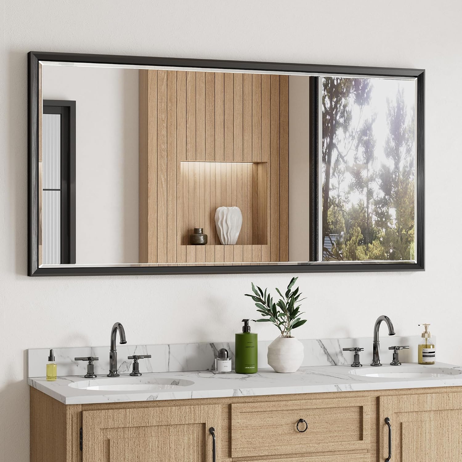 48 x 24 Black Framed Mirror for Bathroom, Beveled Black Bathroom Vanity Mirror Anti-Rust, Shatterproof Matte Black Rectangle Metal Frame Mirror, Vertical/Horizontal Large Wall-Mounted Mirrors