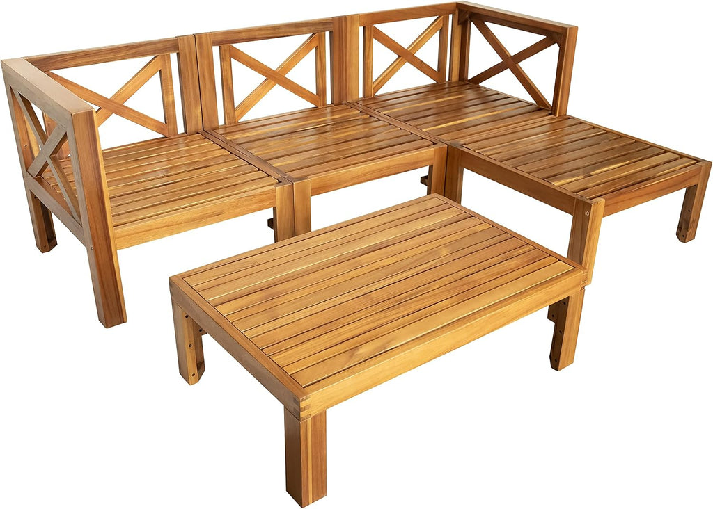 5-Piece Sectional Sofa Seating Group Set With Cushions,Outdoor Backyard Patio Wood Sectional Seating Group With Tea Table And Ottoman For Backyard,Garden,Poolside (Natural Finish+ Blue Cushions-01)