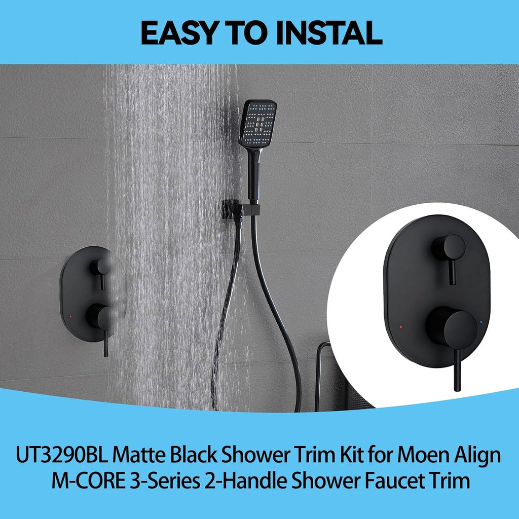 UT3290BL Matte Black Shower Valve Trim Kit for Moen Align M-CORE 3-Series 2-Handle Shower Faucet Trim, Shower Handle Trim Includes 1213 Cartridge for Moen U232 U362 M-CORE Mixing Valve, Valve Required