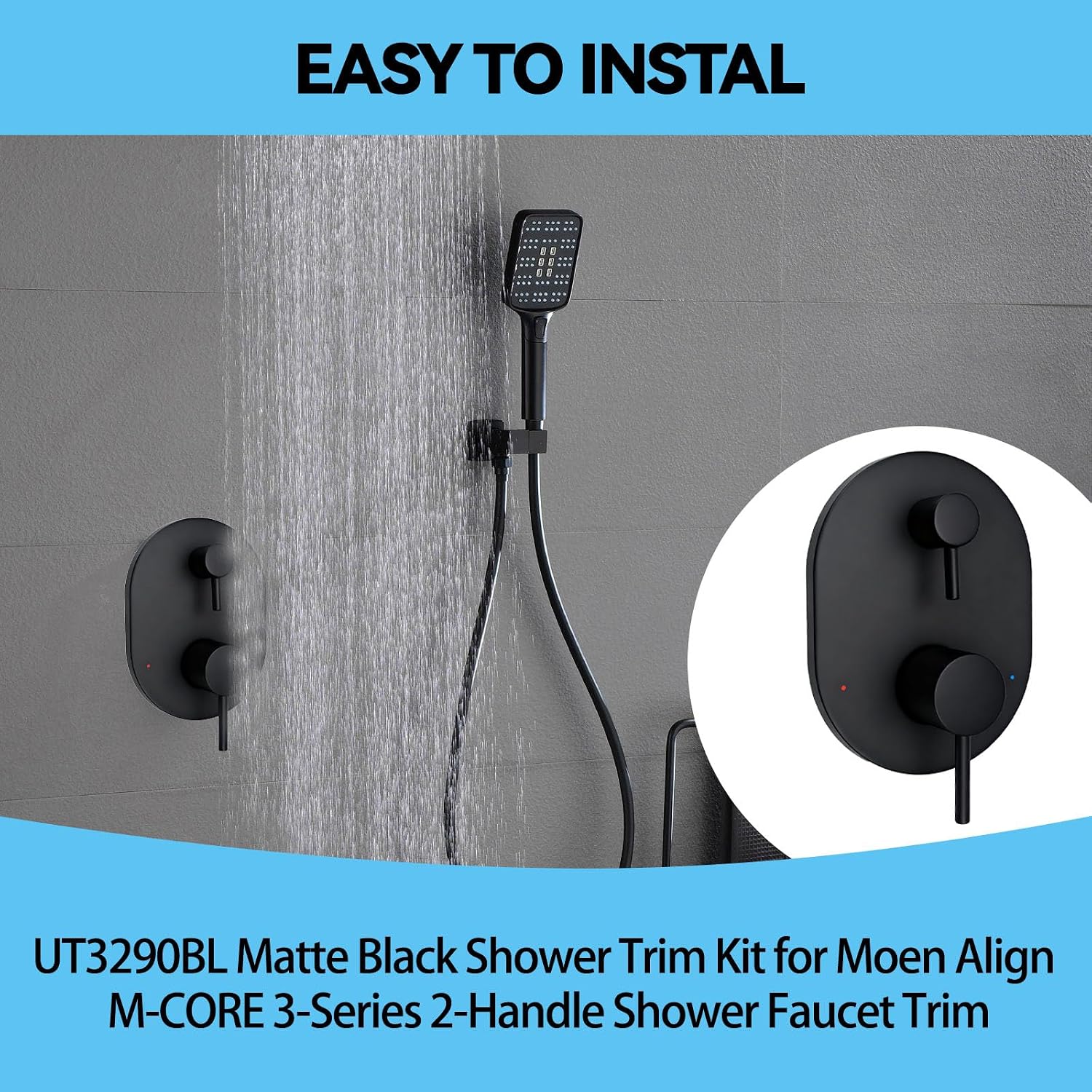 UT3290BL Matte Black Shower Valve Trim Kit for Moen Align M-CORE 3-Series 2-Handle Shower Faucet Trim, Shower Handle Trim Includes 1213 Cartridge for Moen U232 U362 M-CORE Mixing Valve, Valve Required