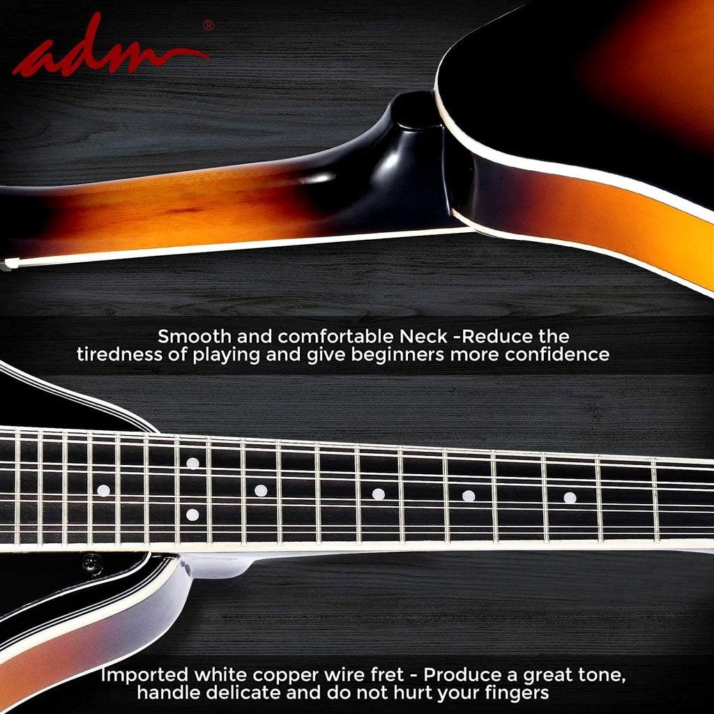 ADM Acoustic Mandolin Instrument Kit Music A Style for Kids Students Adults Wood Mandolins Beginner Set With Bag, Tuner, Pick-up, Strap, Strings, Picks and Hanger, Sunbrust