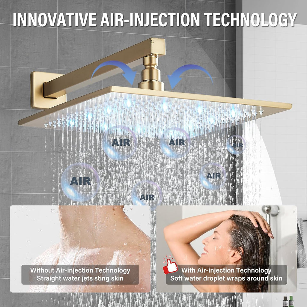 Brushed Gold Rain Shower System with 12 Inch LED Shower Head and Brass Handheld with Brass Valve and Trim Kit Shower Faucets Sets Complete