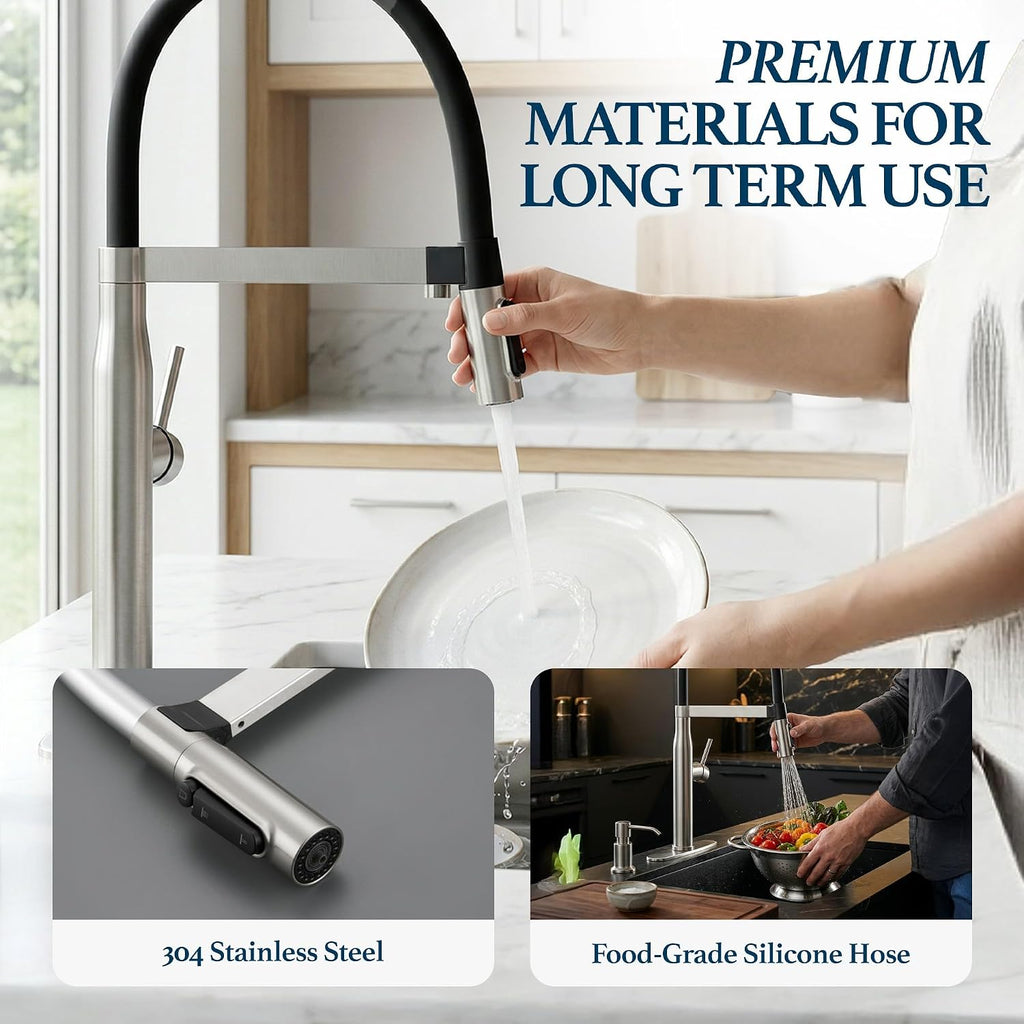 STiLWERK 3-in-1 Kitchen Sink Faucet with Pull-Out Sprayer, 3 Way Hot, Cold & Drinking Water Mixer, Magnetic Docking, Stainless Steel, Satin Stainless Finish