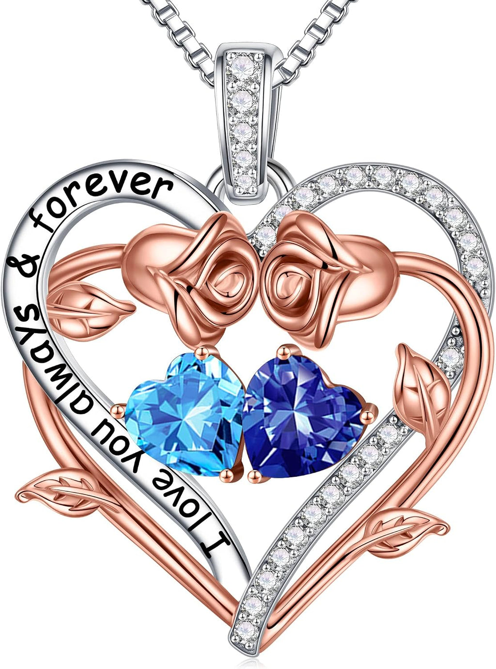Iefil Rose Heart Double Birthstone Necklace Gifts for Wife Girlfriend Her Women, Birthstone Jewelry Gemstone Birthday Gifts for Mom Grandma Her Wife Women