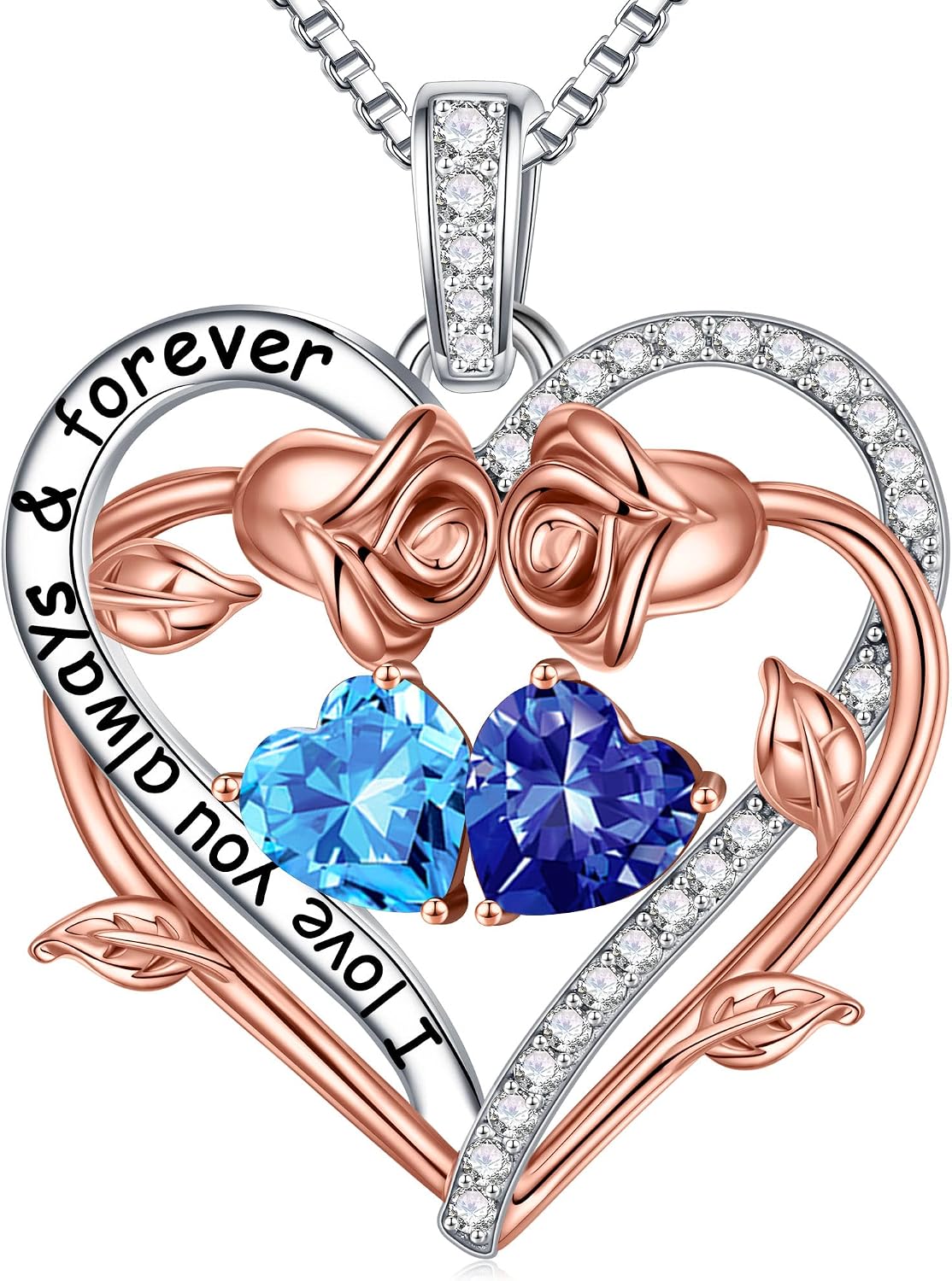 Iefil Rose Heart Double Birthstone Necklace Gifts for Wife Girlfriend Her Women, Birthstone Jewelry Gemstone Birthday Gifts for Mom Grandma Her Wife Women