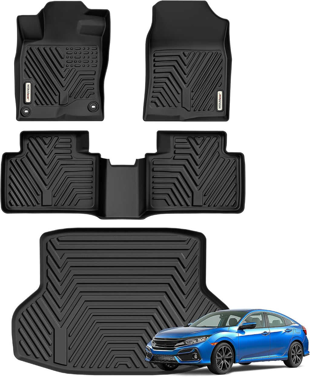 YITAMOTOR Floor Mats & Cargo Mats Fit for 2016-2021 Honda Civic Sedan (Not for Hatchback/Coupe), TPE All Weather Floor Liner for Honda Civic, 1st & 2nd Rows, Black