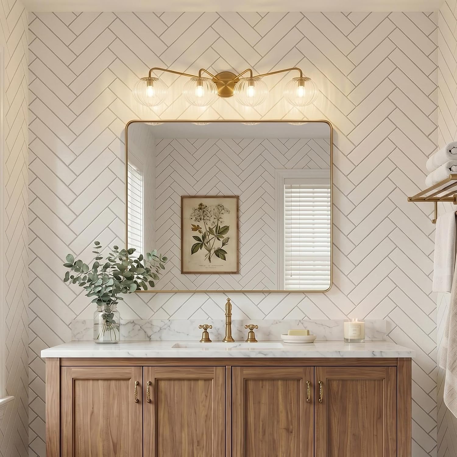 ANDY STAR Bathroom Vanity Light 4 Light, Brushed Gold Bathroom Light Fixtures with Clear Pumpkin-Ribbed Glass Globe Shade, Brass Vintage Striped Wall Lights for Vanity, G9 Base (No Bulbs)