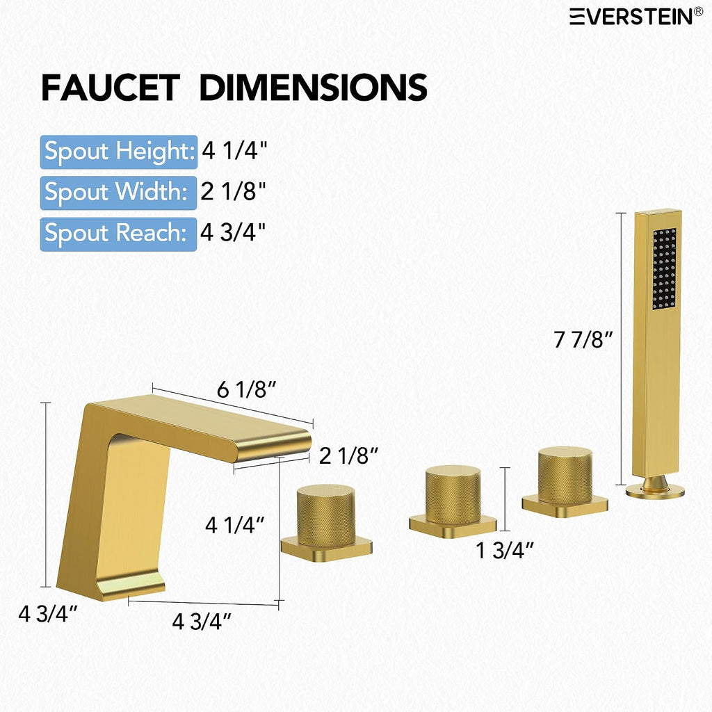 Bathtub Faucet Set with 3 Handle, Deck Mount 5 Hole Roman Waterfall Spout Bath Tub Faucet with Valve, Brushed Gold