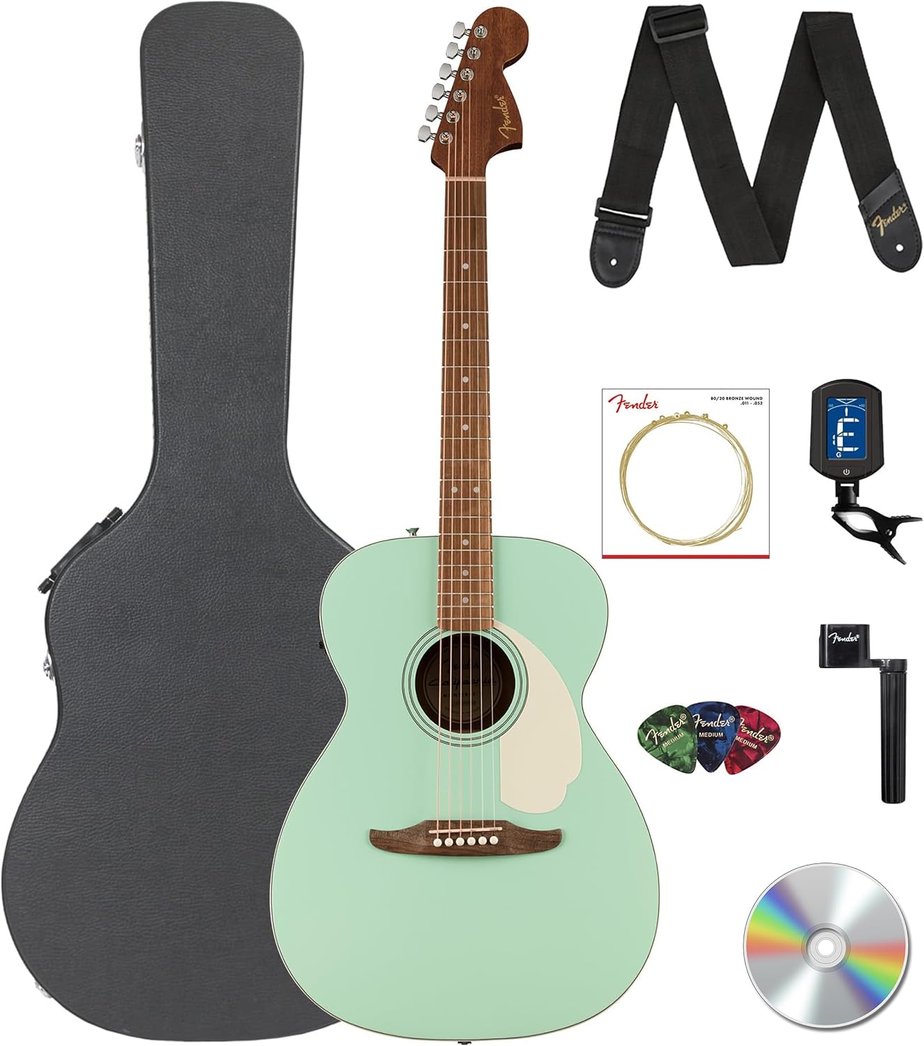 Fender California Standard Monterey E Acoustic-Electric Guitar - Surf Green Bundle with Case, Tuner, Strap, Strings, String Winder, Picks, and Austin Bazaar Instructional DVD
