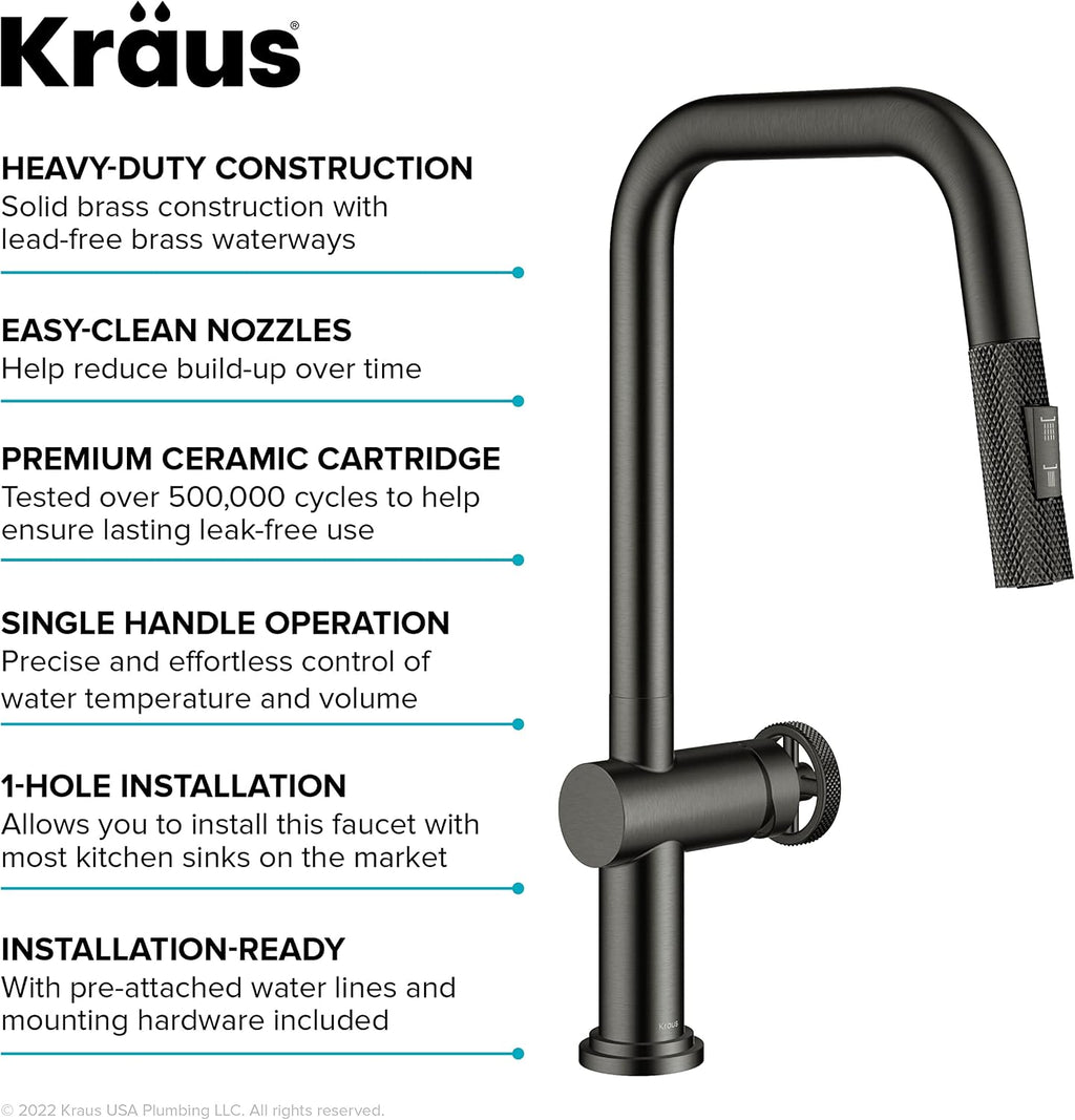 KRAUS Urbix Industrial Pull-Down Single Handle Kitchen Faucet in Black Stainless Steel, KPF-3126SB