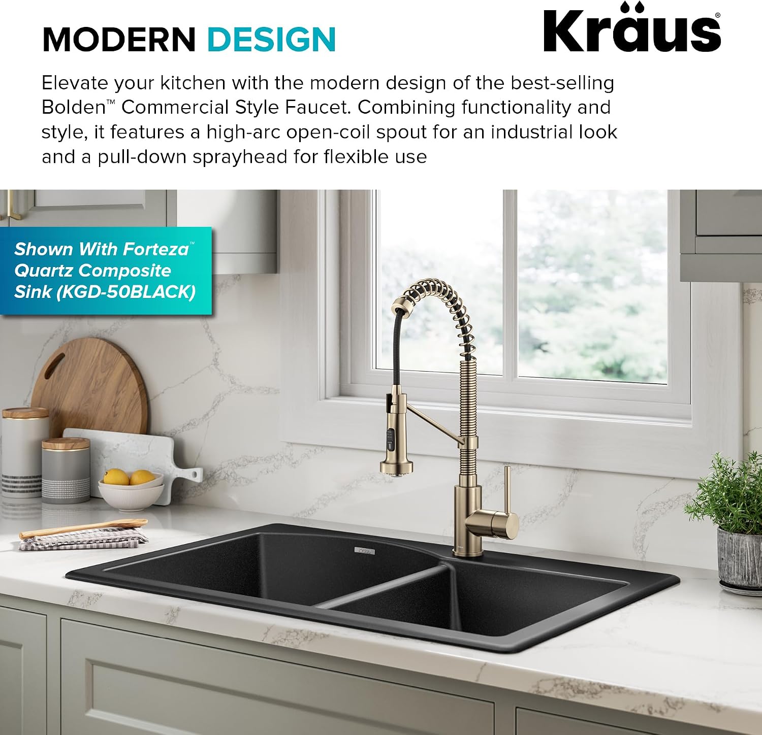 KRAUS Bolden Commercial Style 2-Function Single Handle Pull Down Kitchen Faucet in Spot-Free Antique Champagne Bronze, KPF-1610SFACB