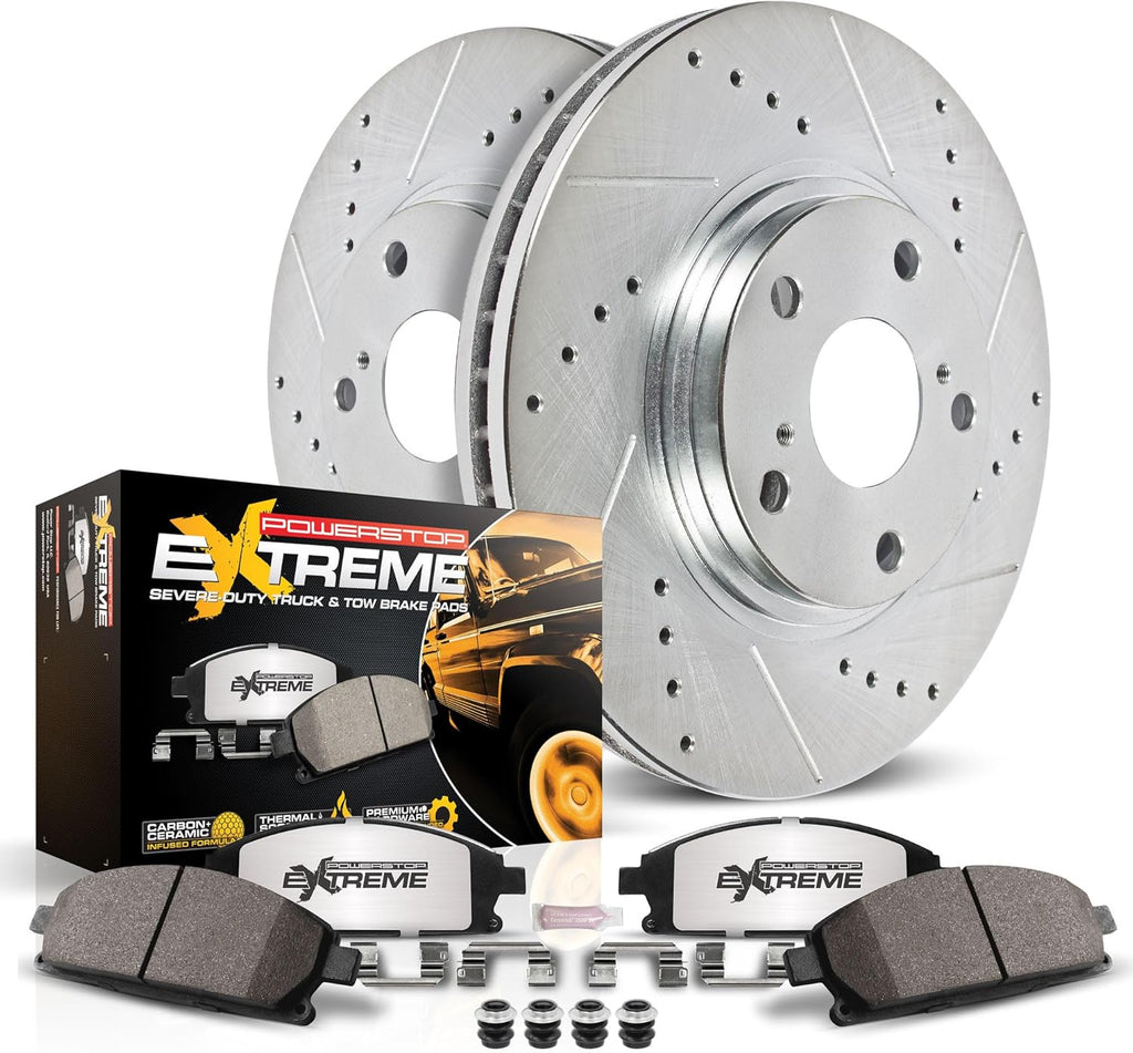PowerStop Rear Brake Kit For Jeep Cherokee 2014-23 - Truck & Tow Carbon Fiber Ceramic Brake Pads + Drilled & Slotted Rotors Upgrade, K6542-36