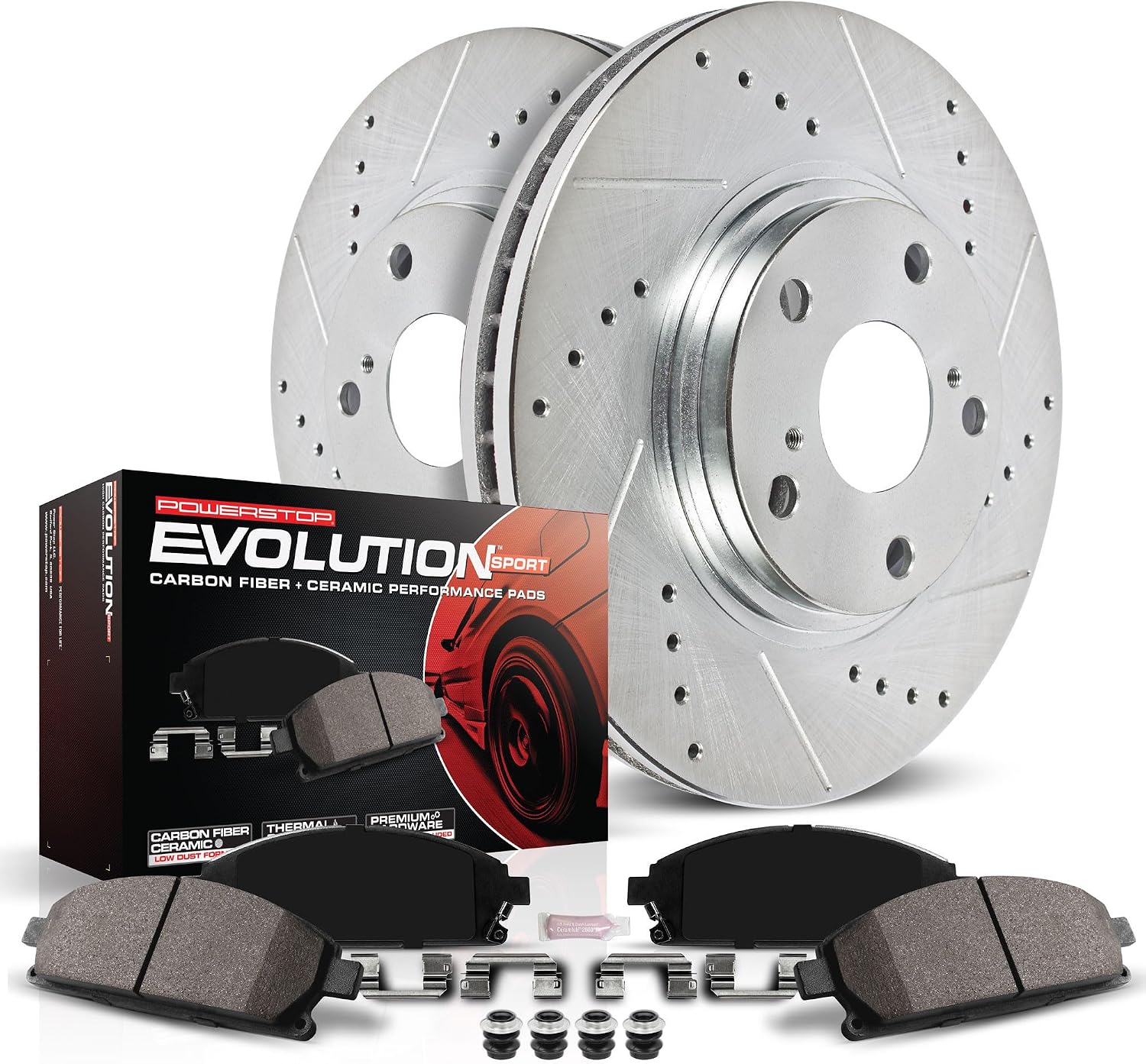 PowerStop Front Brake Kit for Hyundai Santa Fe 2010-12 | Kia Sorento 2011-13 - Drilled and Slotted Disc Rotors with Carbon-Fiber Ceramic Brake Pads Replacement, K5926