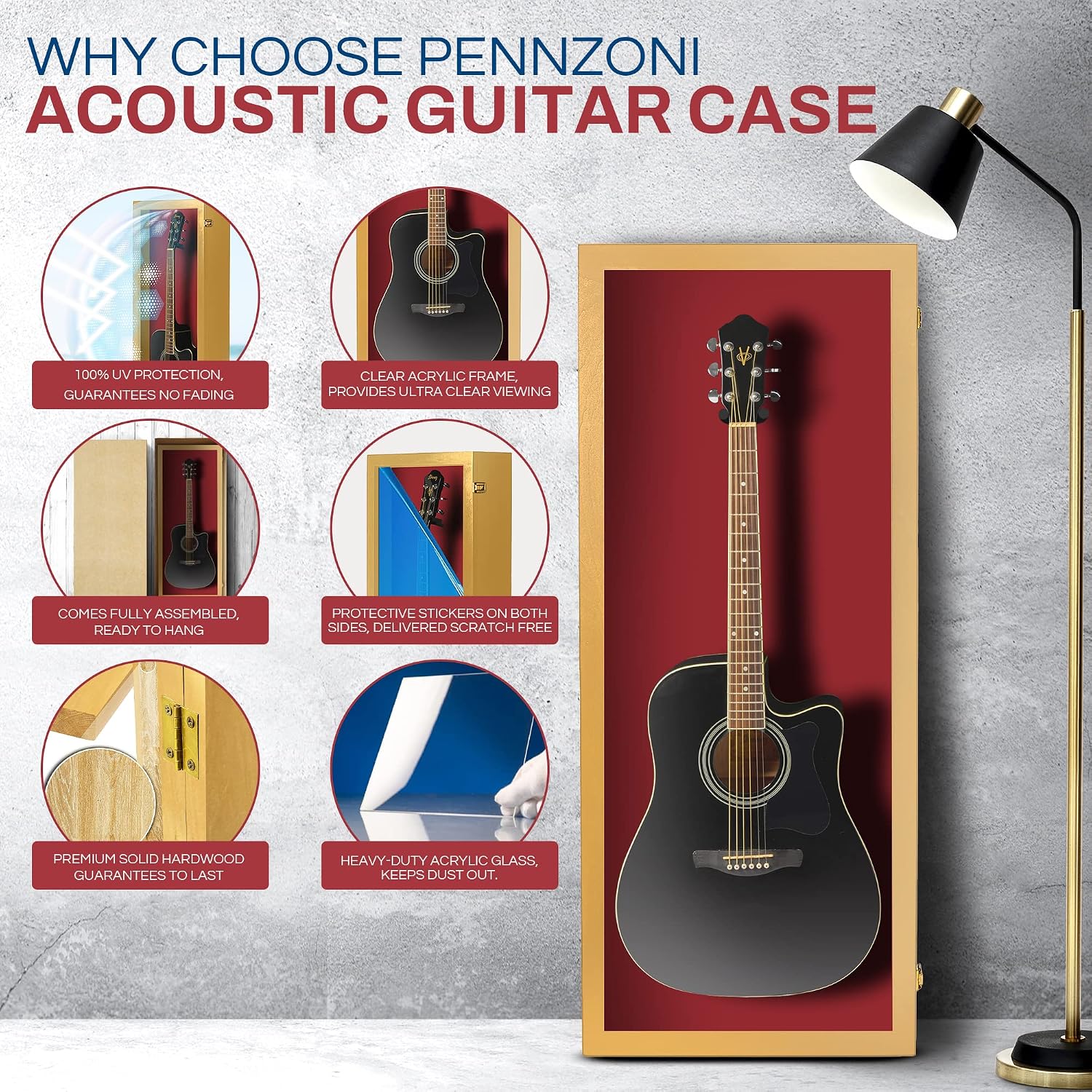 PENNZONI Acoustic Guitar Display Case - Acrylic Acoustic Guitar Case - Guitar Display Case Wall Mount Made from Hardwood Frame & Clear Acrylic - Golden Oak w/Red Felt