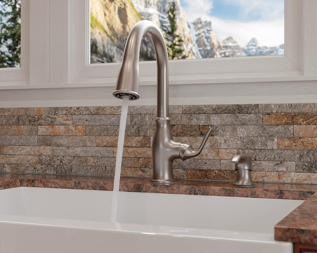 Pfister Rosslyn Kitchen Faucet with Pull Down Sprayer and Soap Dispenser, Single Handle, High Arc, NSF Certified, Spot Defense Stainless Steel Finish, F5297RSSRGS