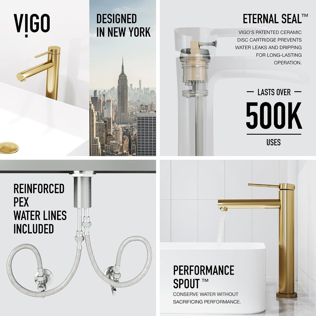VIGO Jewel Single-Handle Single-Hole Mount Bathroom Sink Bathroom Sink Faucet, 11-Inch, Matte Brushed Gold, Modern Design, Solid Brass, 1.2 GPM WaterSense & Ceramic Disc Valve, Corrosion-Resistant
