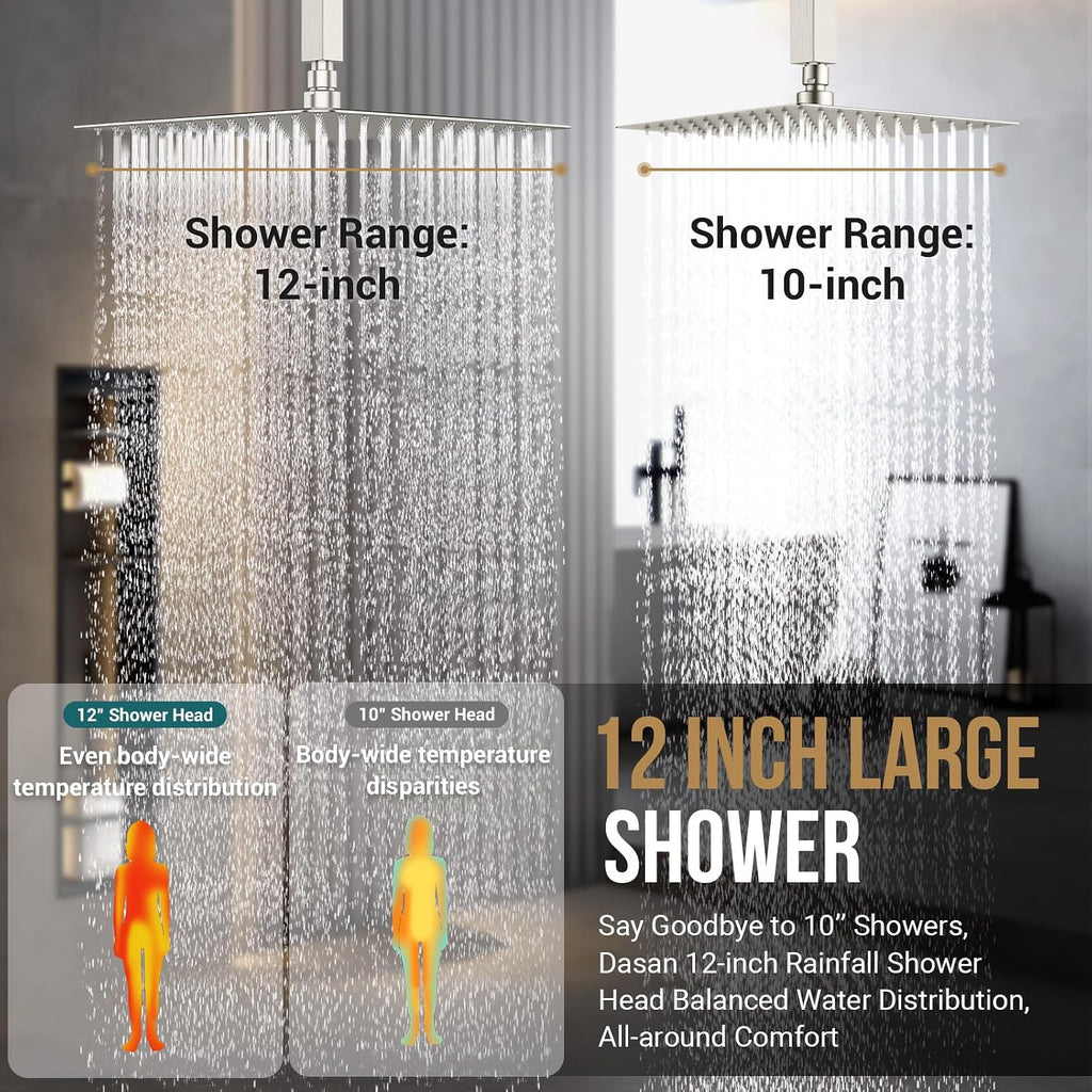 DASAN Full Body Shower System with 6 PCS Body Spray Jets & 12'' Rain Shower Head & Handheld, Ceiling Mount Rain Shower System Brushed Nickel Shower Faucets Sets Complete with Valve, SA-SS03ABN-S12C