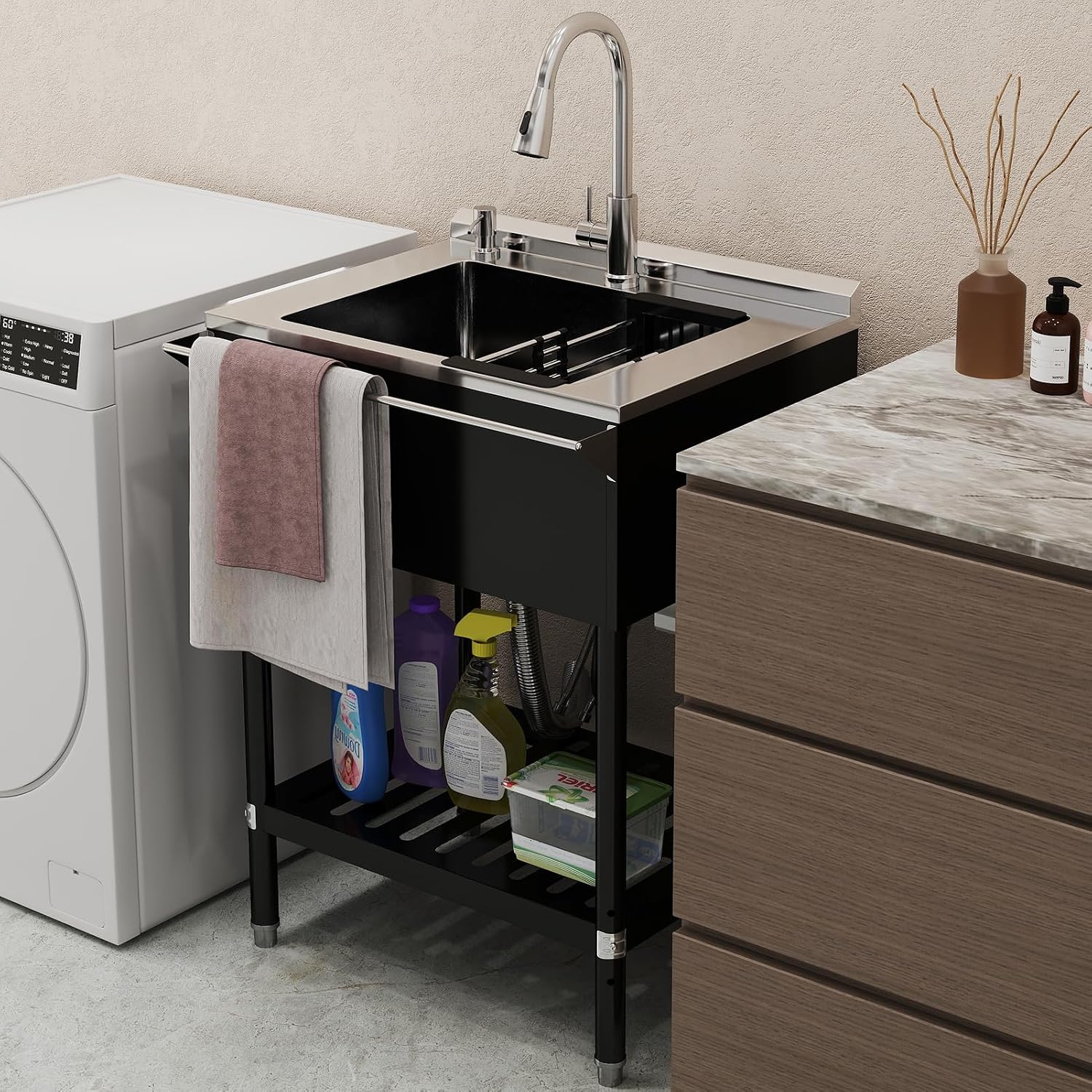 Stainless Steel Utility Sink, 25.6'' Free Standing Single Bowl Sink with Pull-Out Faucet & Cold and Hot Water Pipe & basket, Indoor and Outdoor Sink for Laundry Room, Garage, Kitchen, Black