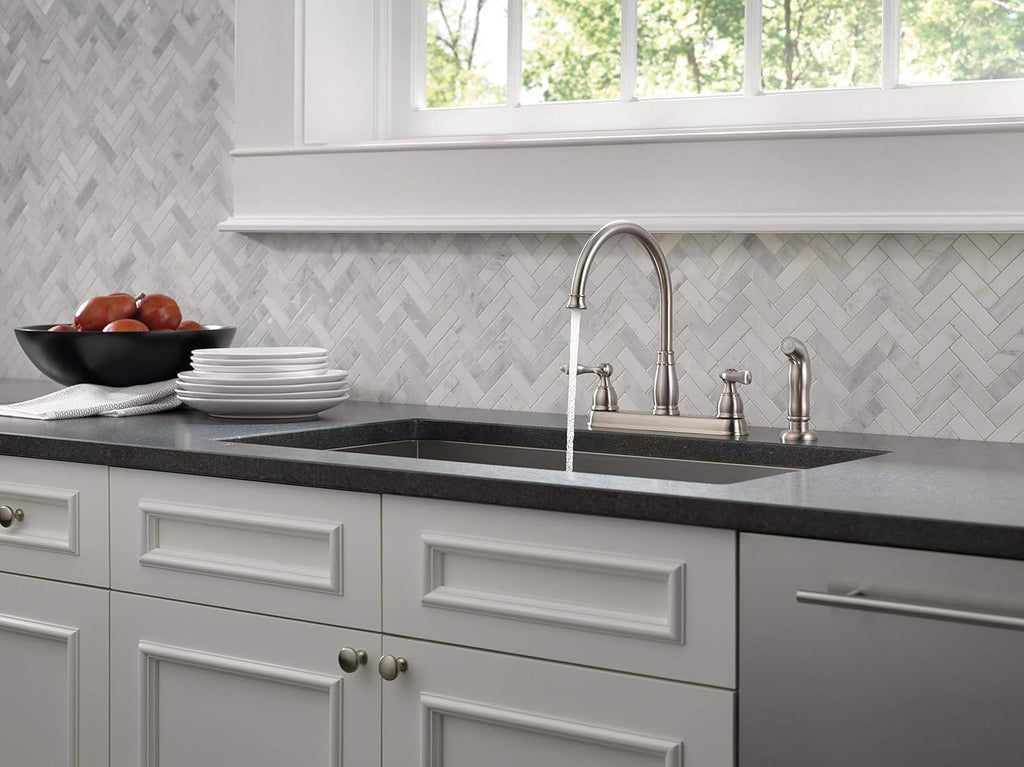 Delta Windemere Brushed Nickel Kitchen Faucet with Side Sprayer, Traditional 4 Hole Kitchen Sink Faucet, Two-Handle, Stainless 21996LF-SS