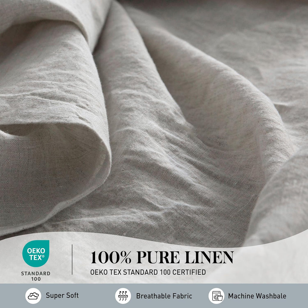 Simple&Opulence 100% Pure Linen Sheet Set Queen Size, Natural French Flax Solid Color 4 Pcs Washed Breathable, Farmhouse Bedding (1 Flat Sheet,1 Fitted Sheet,2 Pillowcases)-Embroidery Grey
