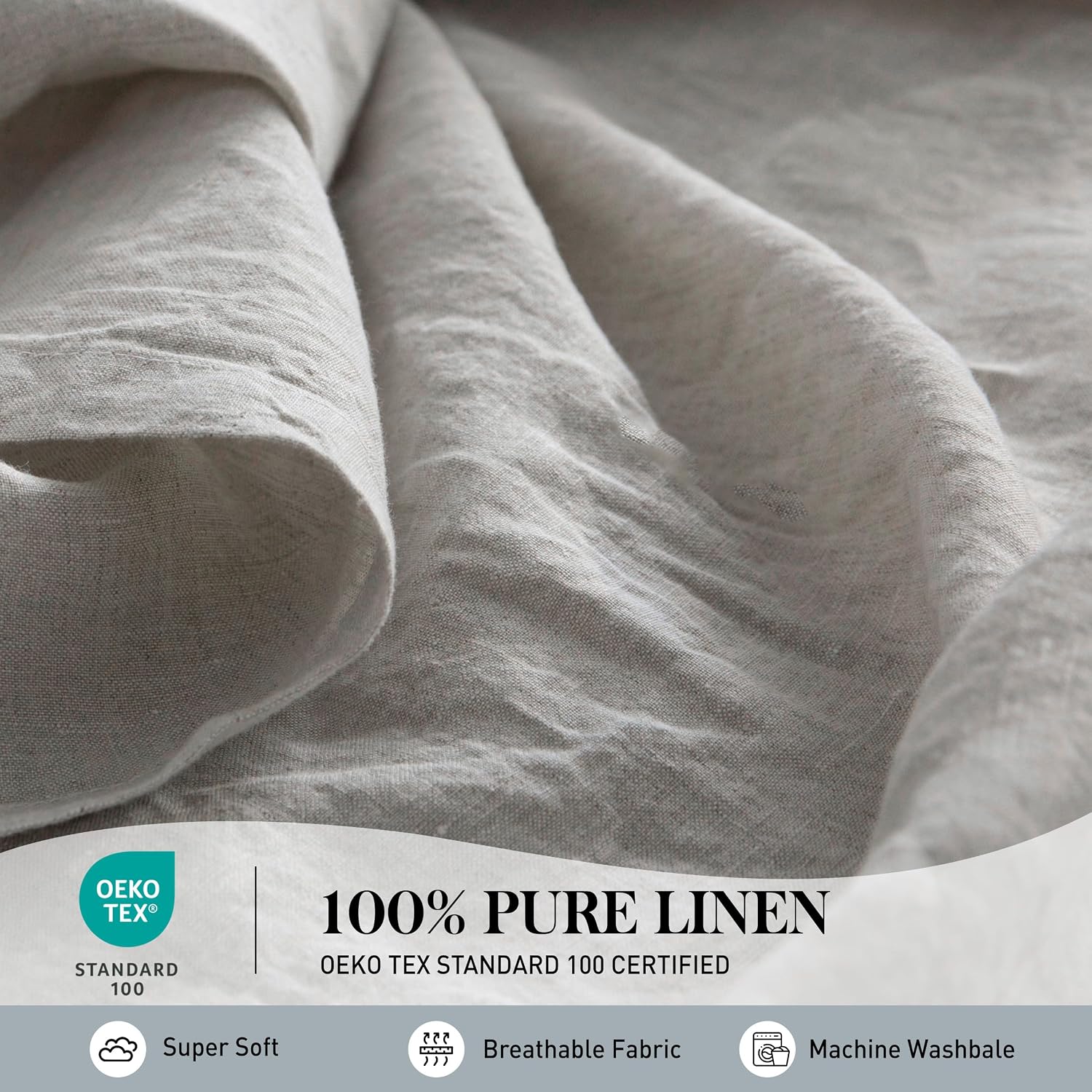 Simple&Opulence 100% Pure Linen Sheet Set Queen Size, Natural French Flax Solid Color 4 Pcs Washed Breathable, Farmhouse Bedding (1 Flat Sheet,1 Fitted Sheet,2 Pillowcases)-Embroidery Grey