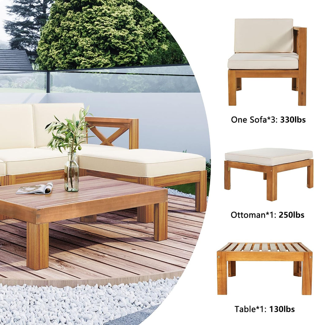 5-Piece Sectional Sofa Seating Group Set With Cushions,Outdoor Backyard Patio Wood Sectional Seating Group With Tea Table And Ottoman For Backyard,Garden,Poolside (Natural Finish+ Beige Cushions-01)