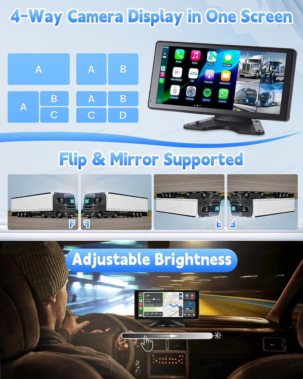 RV Camera System with CarPlay Android Auto 10.36 Inch Touch Monitor | 4 1080P wired IP69 backup cameras, BSD blind spot alert, 24H parking monitor, DVR recording, for semi truck trailer RV camper