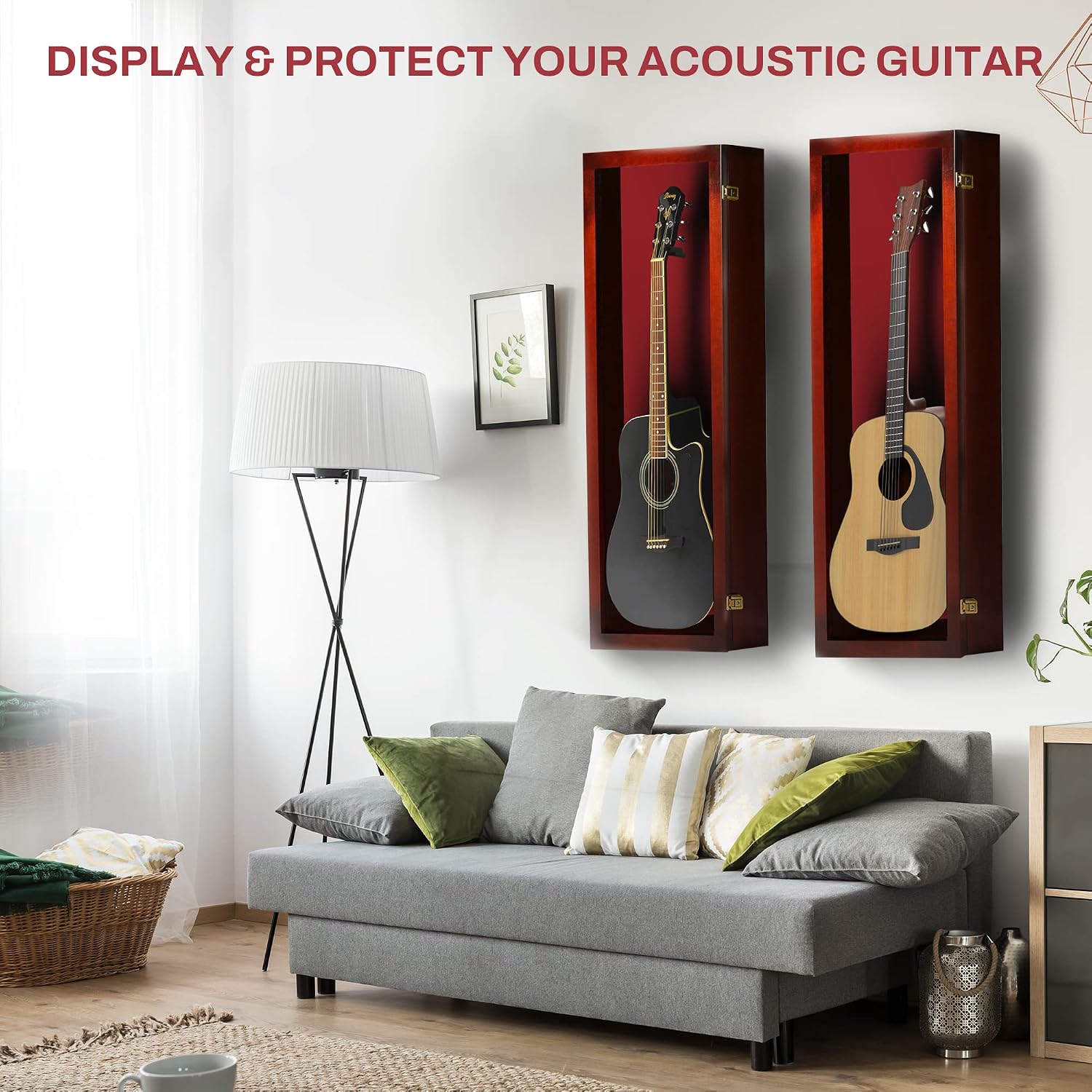 PENNZONI Acoustic Guitar Display Case - Acrylic Acoustic Guitar Case - Guitar Display Case Wall Mount Made from Hardwood Frame & Clear Acrylic - Cherry w/ Red Felt
