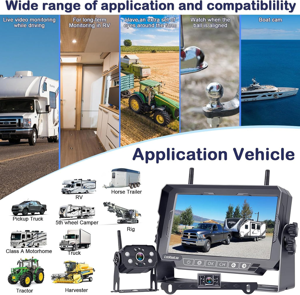 HD 1080P 7 inch RV Wireless Backup Camera: Dual Camera 30-Min Easy Install Clear Night Vision 4 Channels Recording Touch Key Monitor Rear View Camera for Furrion Pre-Wired RVs Travel Trailers Camper