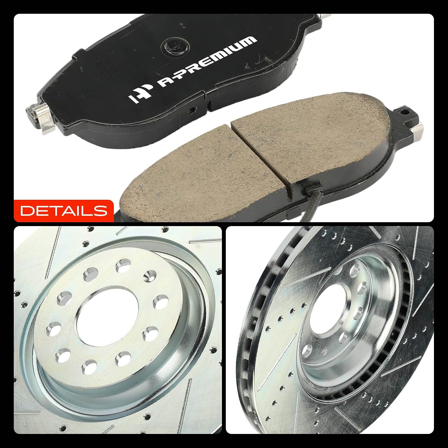 A-Premium 13.39 in (340 mm) Front Drilled and Slotted Disc Brake Rotors + Ceramic Pads Kit Compatible with Select Volkswagen & Audi Models - Jetta, Golf R, Tiguan, CC, GTI, Arteon, Q3, S3, 6-PC Set
