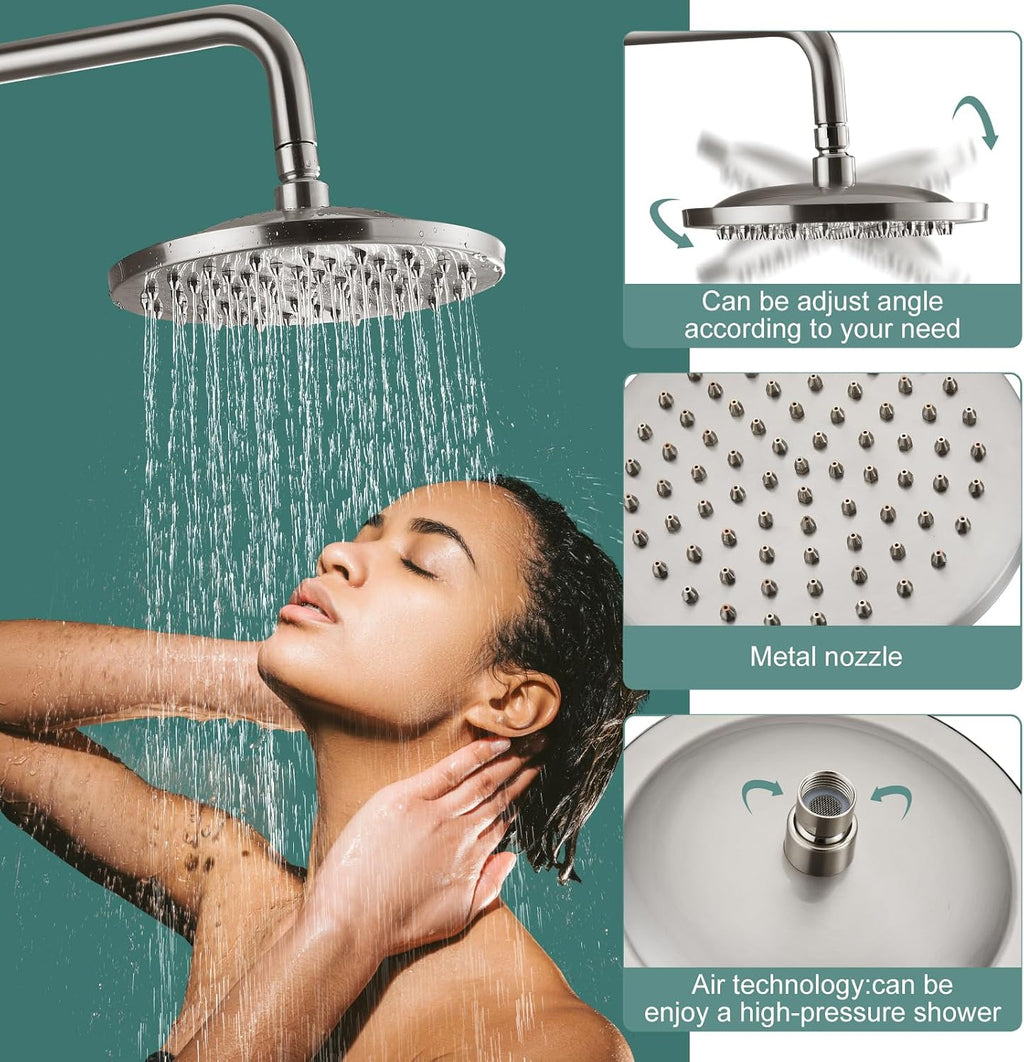 Heyalan Exposed Pipe Shower System Brushed Nickel 8 Inch Rainfall Showerhead Shower Faucet Fixture Combo Set Brass Single Handle with Hand Sprayer Adjustable Slide Bar Dual Functions