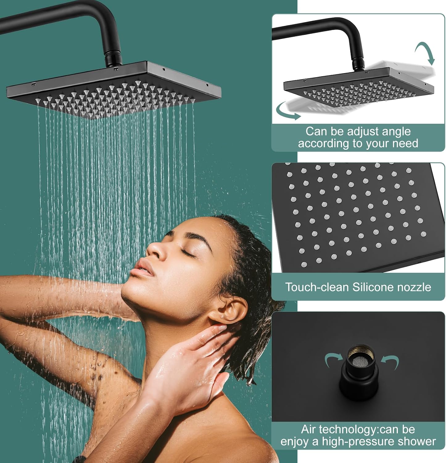 Heyalan Matte Black Exposed Shower System 2 Functional Bathroom Shower Set 8 Inch Square Rainfall Shower Head with Hand Sprayer Wall Mounted