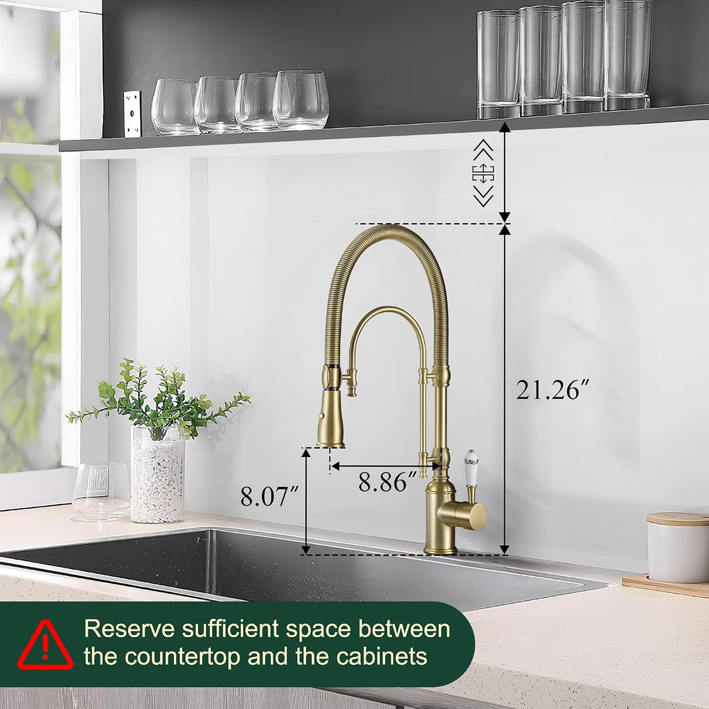 Antique High Arc Classical Single Handle Spring Kitchen Faucet with Pull Down Sprayer, Swiveling Commercial Kitchen Sink Faucets for Farmhouse, Vintage Sink Faucet, Brushed Gold