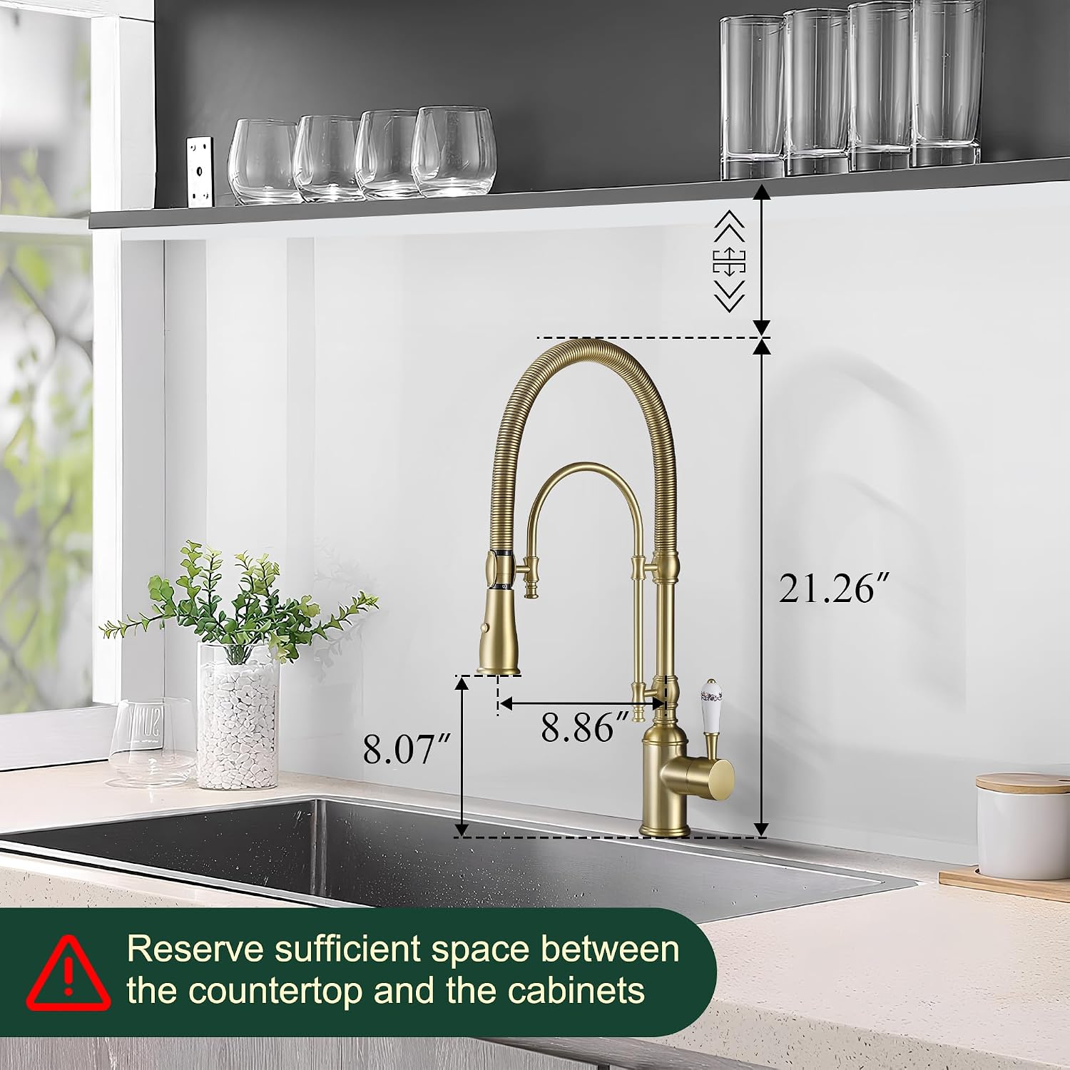 Antique High Arc Classical Single Handle Spring Kitchen Faucet with Pull Down Sprayer, Swiveling Commercial Kitchen Sink Faucets for Farmhouse, Vintage Sink Faucet, Brushed Gold