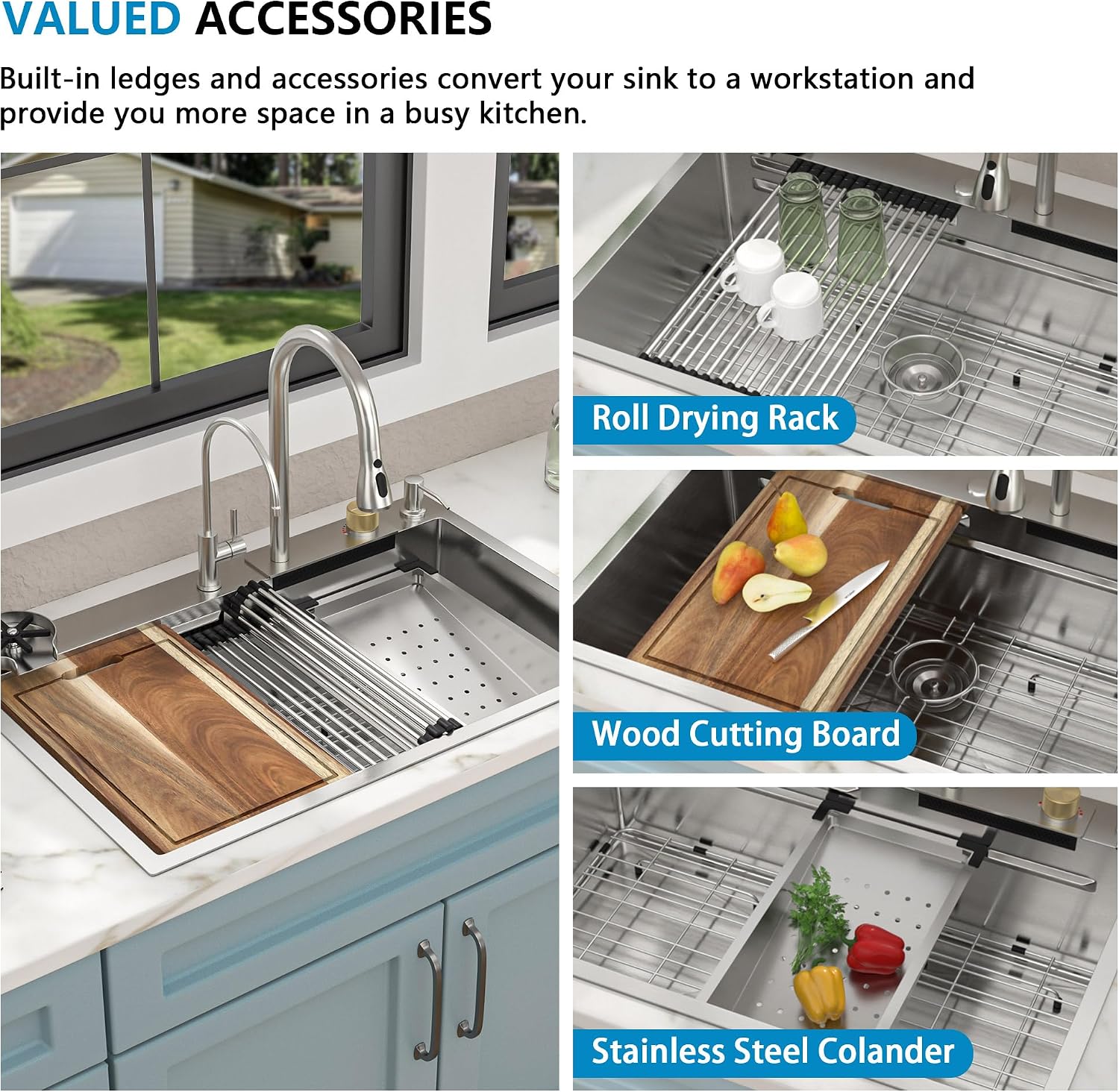 33'x22' Drop In Waterfall Kitchen Sink - 16 Gauge 304 Stainless Steel Top Mount Multifunctional Single Bowl Smart Workstation Waterfall Sink with Faucet Combo, Glass Rinser